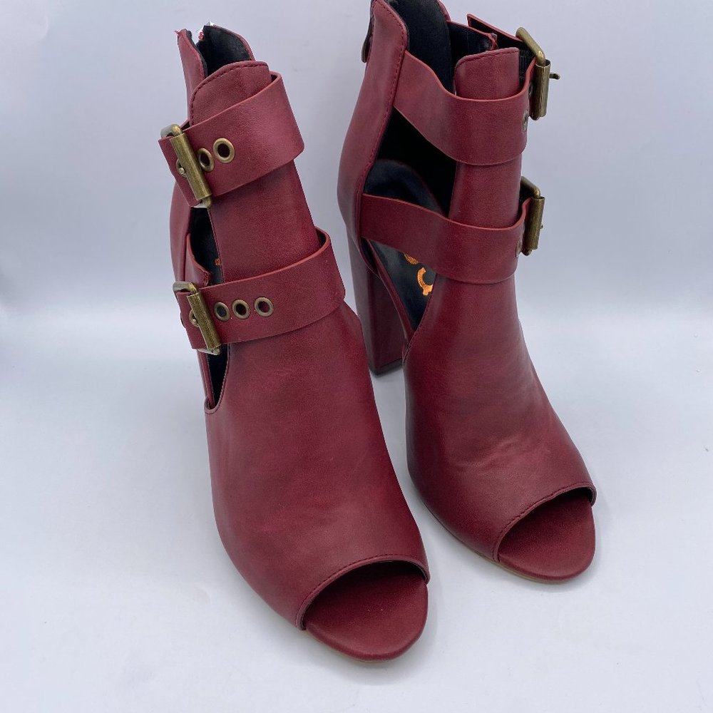 FSJ Dark Red Peep Toe Chunky Ankle Booties Heels